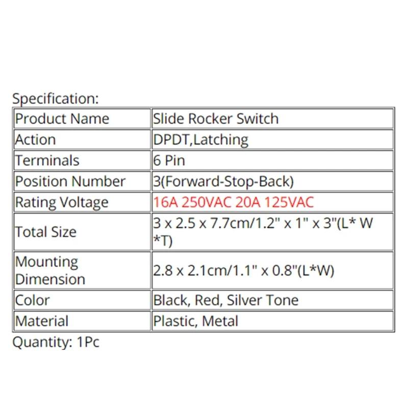 Forward-Stop-Back DPDT 6Pin Latching Slide Rocker Switch KCD4-604-6P Car Switch 87HA