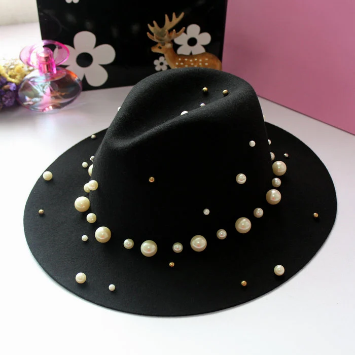 Fashion Pearl Beading Decoration Wide Brim Wool Felt Fedora Hat Women Chapeau Sun Caps SDDW021