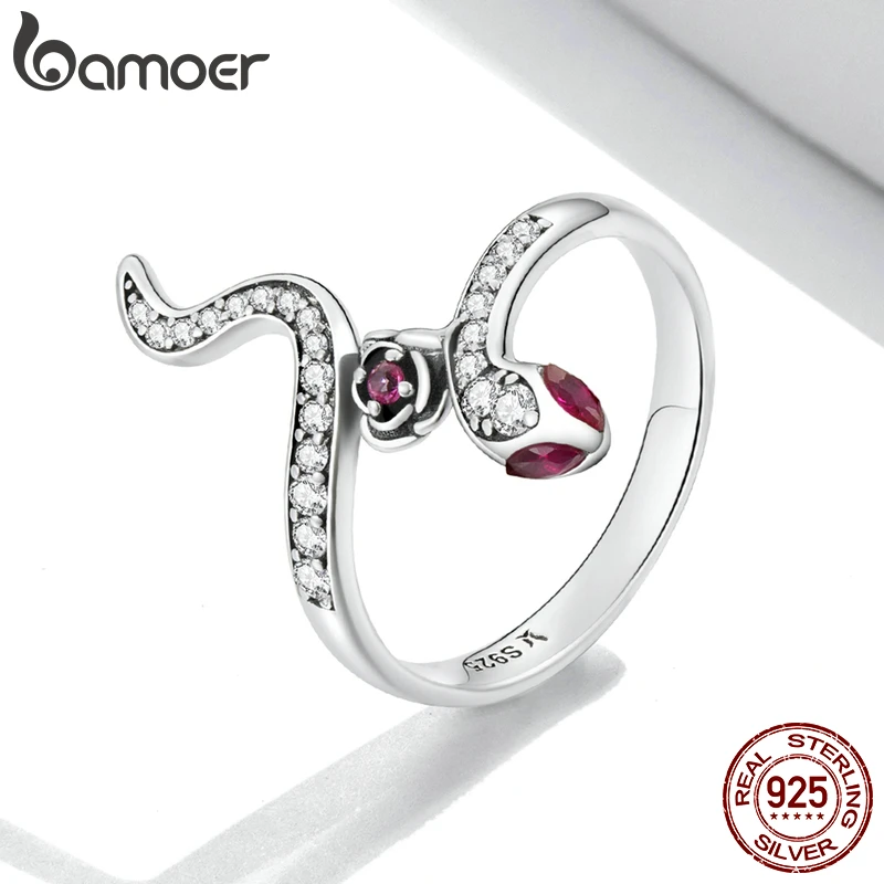 BAMOER Luxury 925 Sterling Silver Vintage Ruby Eyes Ring Snake Rose Ring for Women Gothic Statement Party Fashion Jewelry