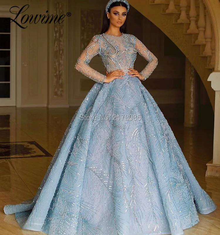 Dubai Blue Pearls Evening Dresses Islamic Turkish Women A-Line Party Gowns Arabic Prom Dresses Long Robe De Soiree Customized