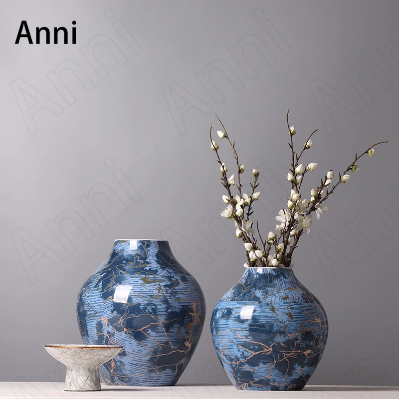 Creativity Hand Casting Ceramic Vase Chinese Irregular Marble Texture Decorative Flower Vases Big Belly Diameter Porcelain Jar