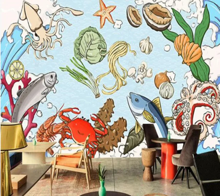 

Papel de parde Hand-painted seafood theme fish lobster crab hot pot grilled fish shop 3d wallpaper,beer house kitchen mural