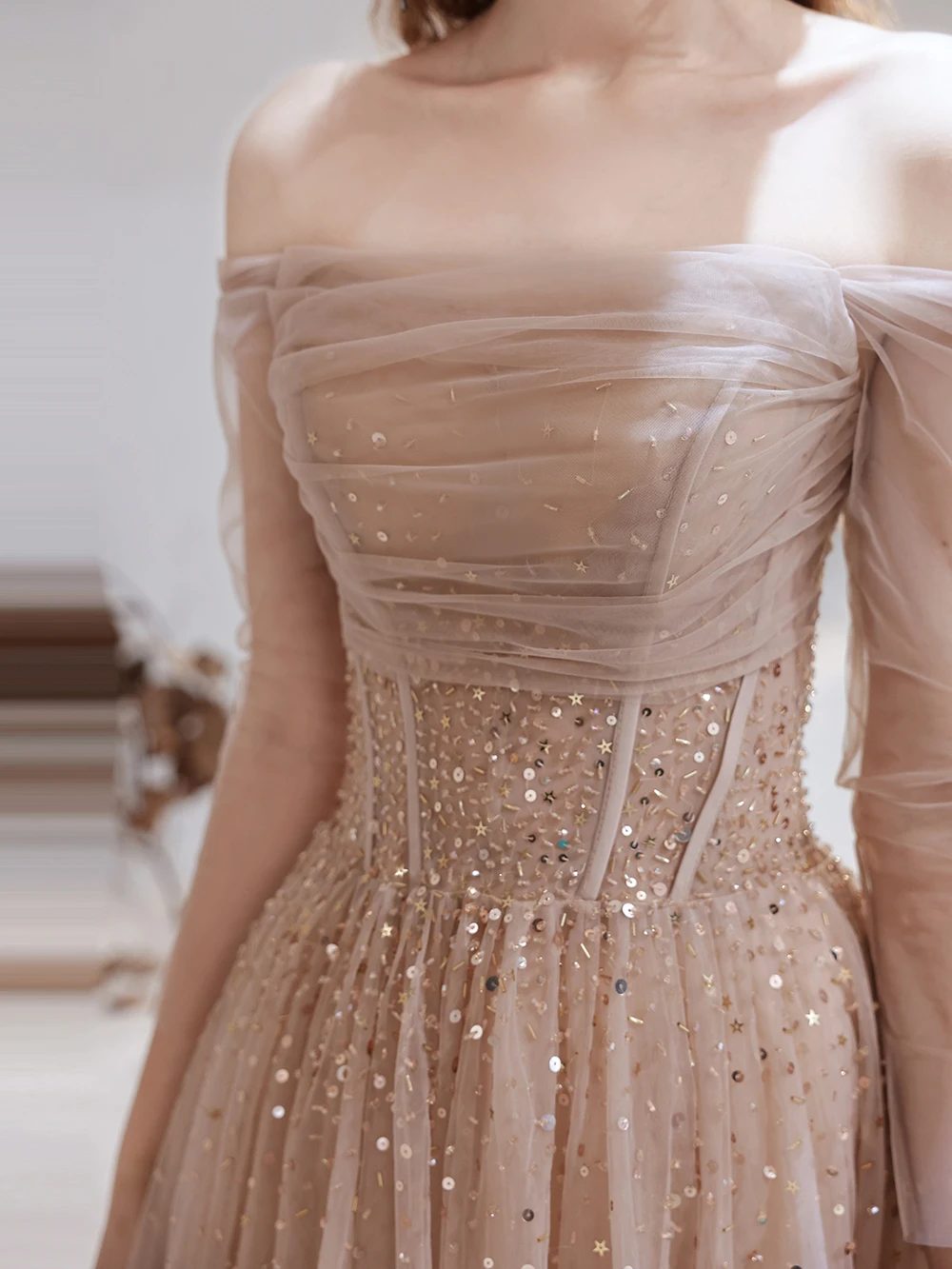 Robe de Soirée Trapèze à Col Bateau et Manches sulf, Tenue de Bal de Luxe, Paillettes et Perles, Couleur Rose Nude, 2020