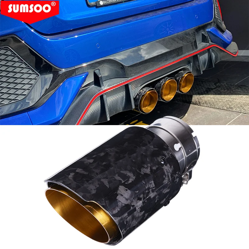 genuine SUMSOO 1PCS Car Universal Straight Edge Glossy Forged Carbon Fiber Exhaust Muffler Tip Tail Pipe Tip with golden inner