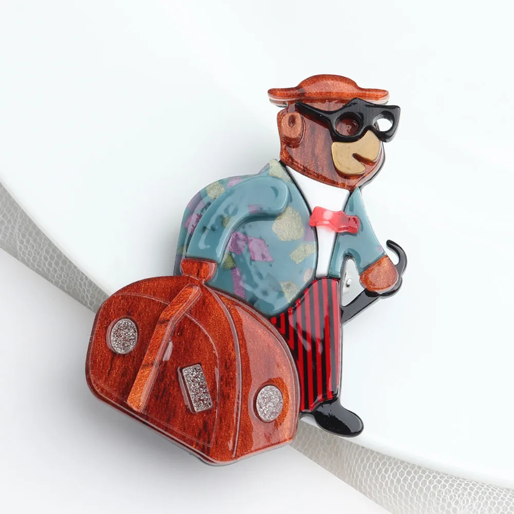 New Punk Cartoon Mr Bear with Traveling Bag Acrylic Brooch For Women Cute Resin Lapel Pins Brooches Badge Fashion Jewelry Gifts view 4