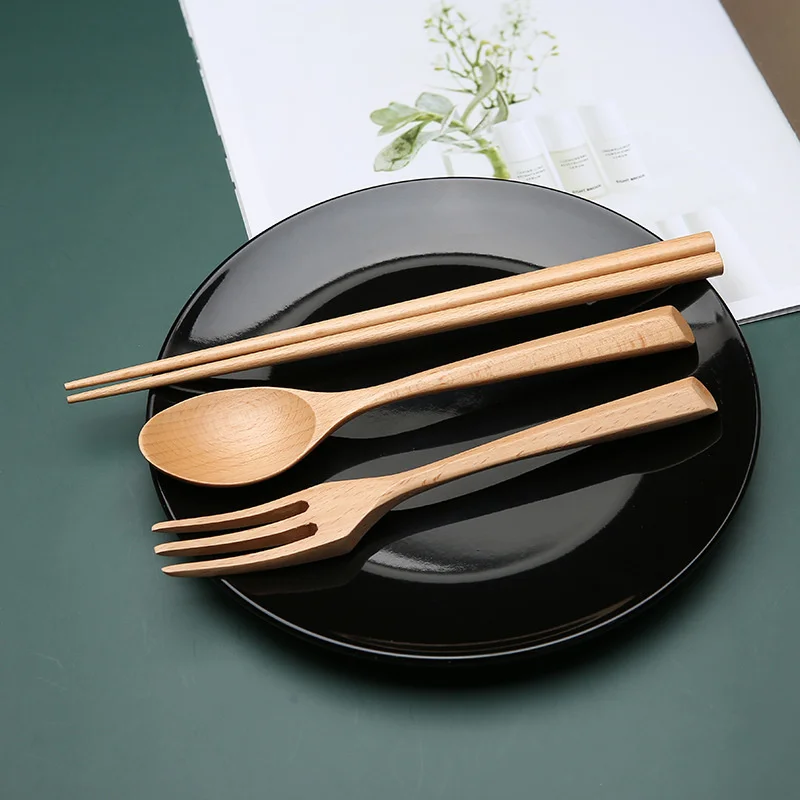 Chopstick Spoons Fork Handmade Japanese Natural Wood Chopsticks Spoon Set with Gift Pocket Beech Tableware