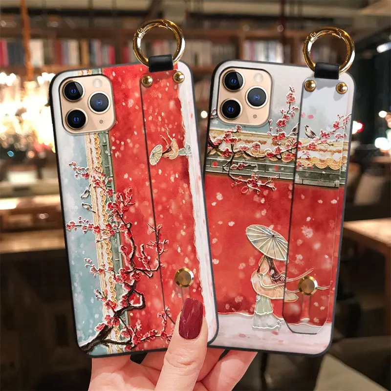 Drawing Handband Case for Huawei Mate 40 30 Pro P40 P30 P20 Honor 50 30i Plus 20i Nova 5T Soft Silicon Floral Wrist Strap Cover