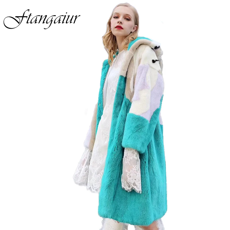 

Ftangaiur Winter Women Import Velvet Mink Fur Overcoats For Femal With Fur Hood Patchwork Mink Coat Women's Long Real Fur Coats