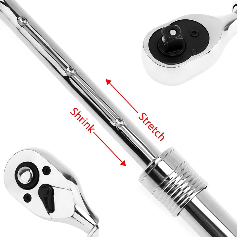 72-Tand Verstelbare Socket Ratelsleutel 1/2 "3/8" 1/4 "Uitschuifbare Telescopische Socket Spanner Momentsleutel Quick release