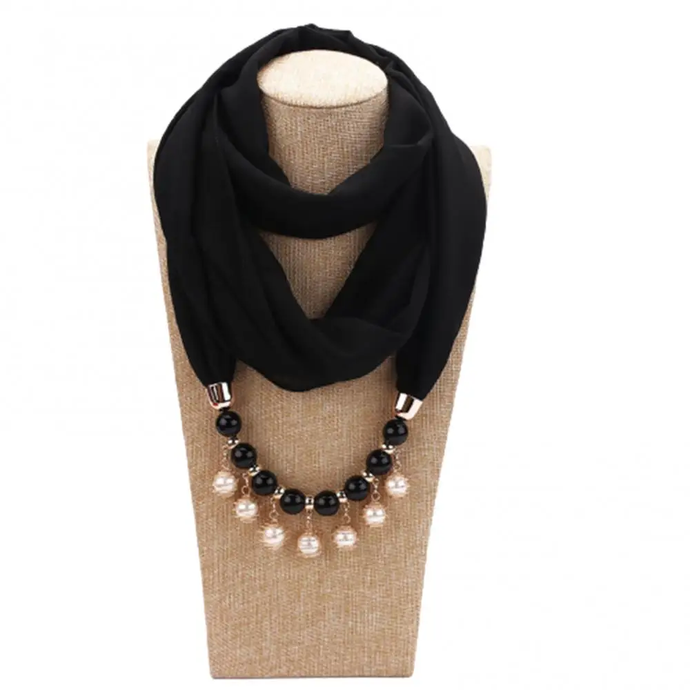 Écharpe en mousseline de soie pour femmes, collier Chic pour femmes, bijoux en perles, à la mode, écharpe de couleur unie