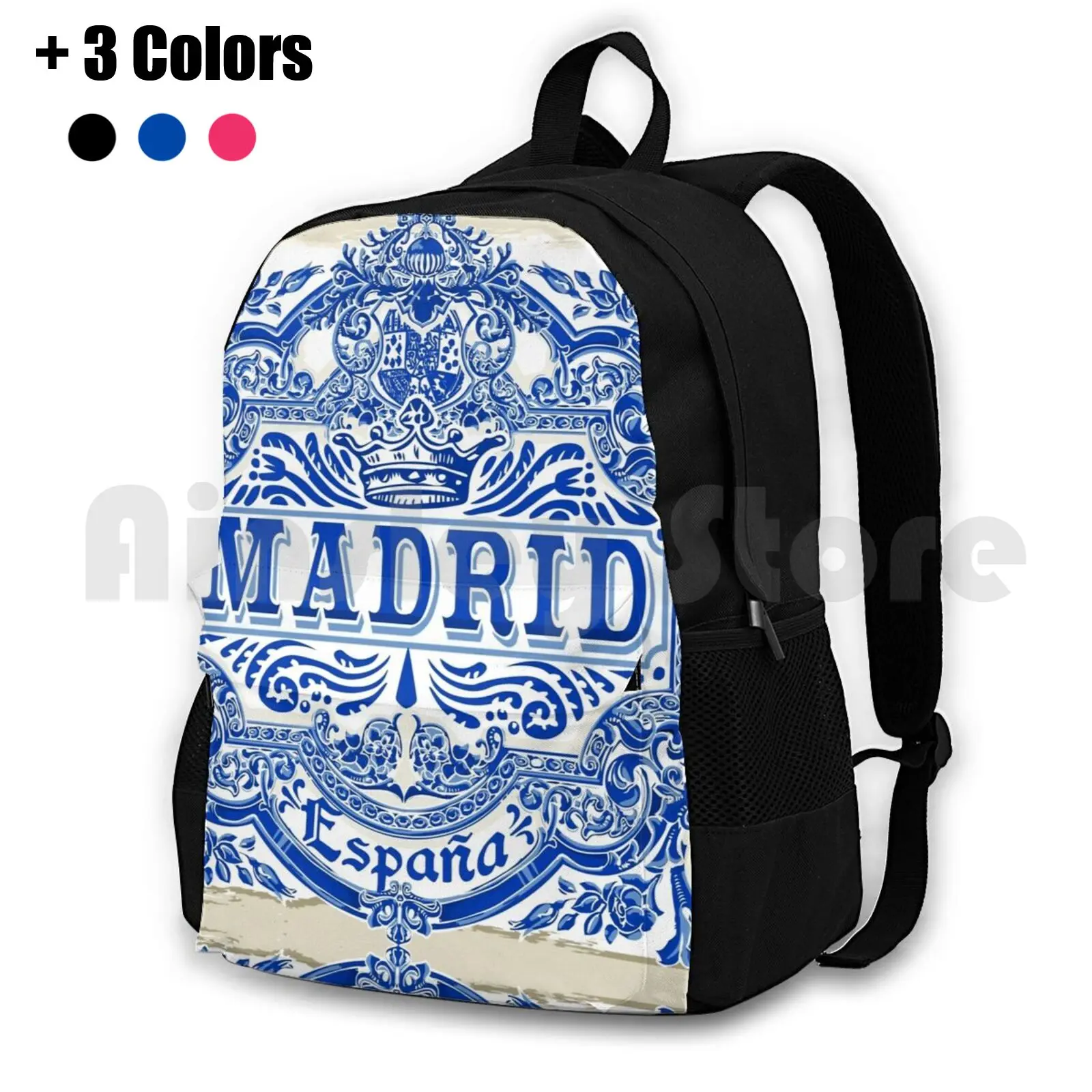 Azulejo Decoration Blue Vintage Azulejos Tiles Outdoor Hiking Backpack Riding Climbing Sports Bag Blue Tile Painted Tin Glazed