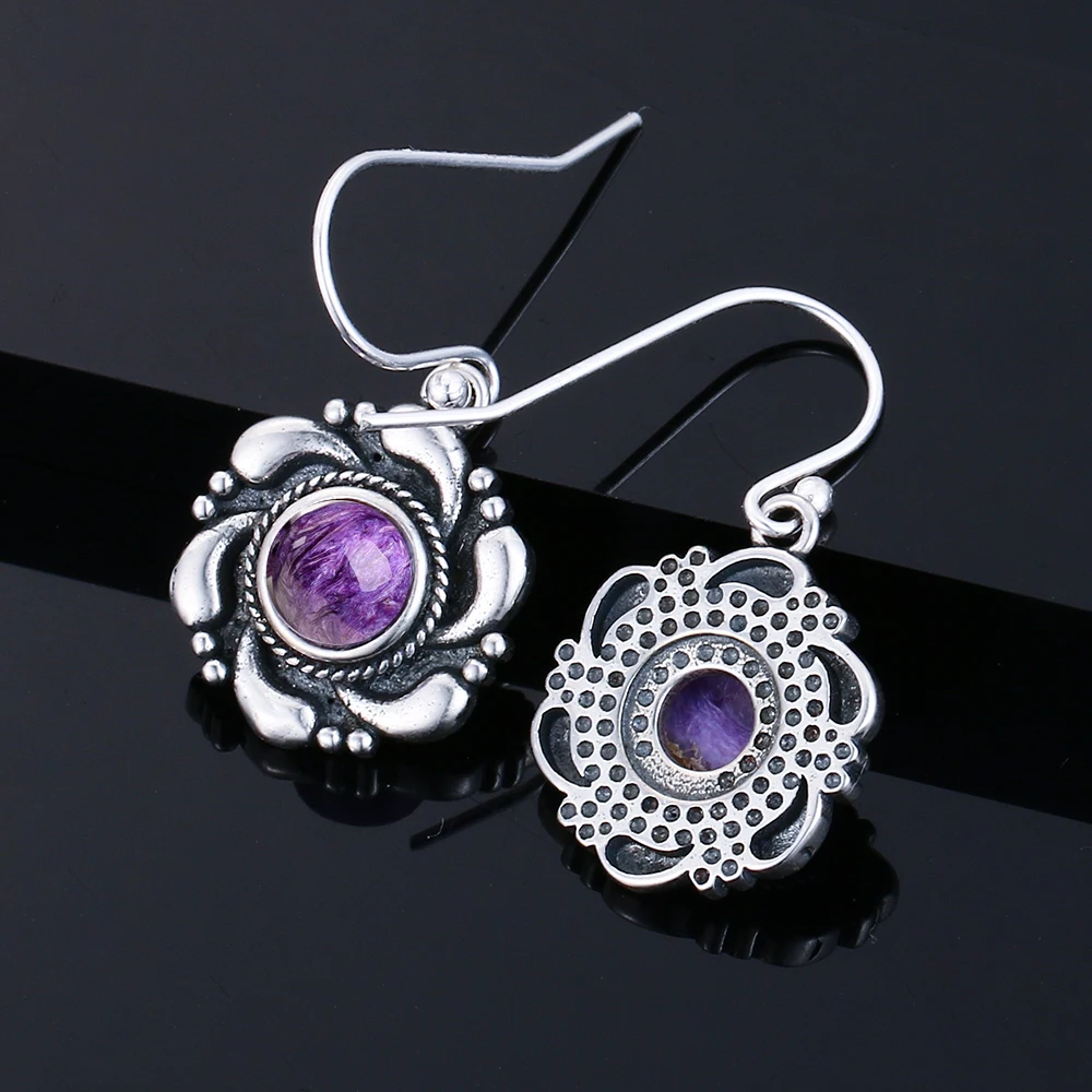 Fine Jewelry 925 Silver Earring for Women Natural Charoite Drop Earrings for Party Anniversary Gift Wholesale