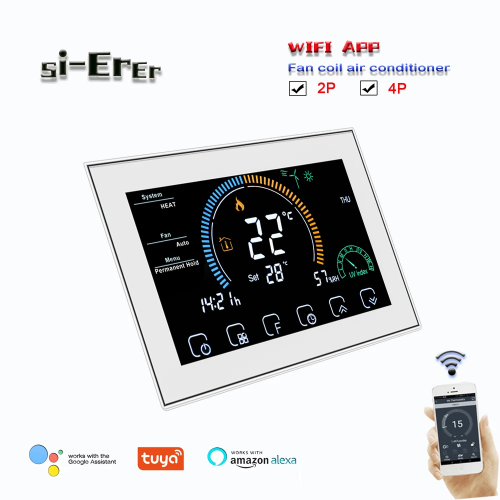 95-240VAC 2pipe 4pipe fan coil thermostat cooling/heating thermostat,TUYA WIFI programmable Works with Alexa Google Home