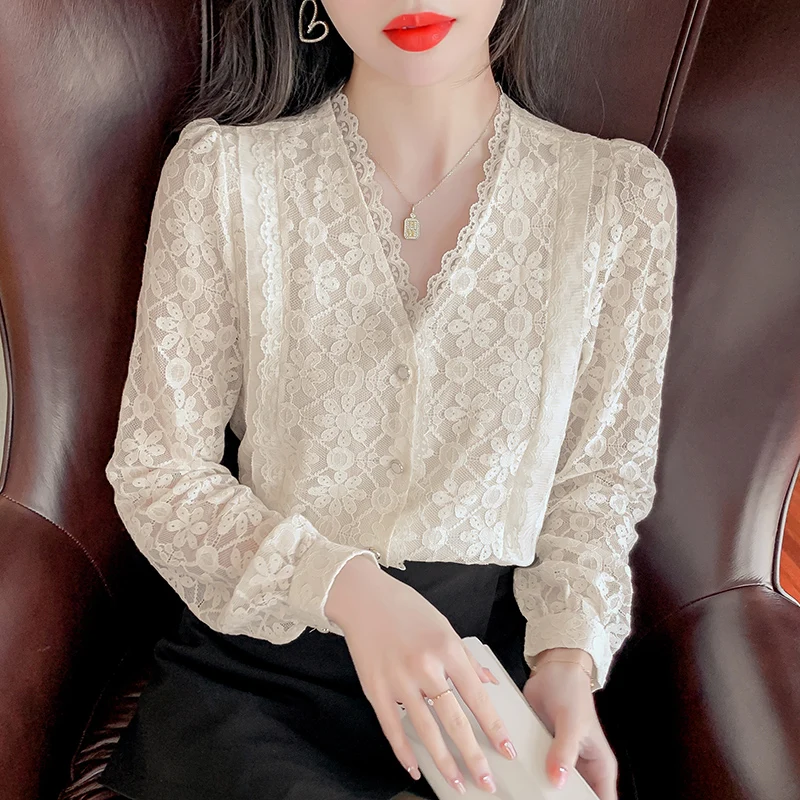 Chiffon Shirt Women Autumn Clothes Long Sleeved Lace Tops Mujer French Style Elegant V-Neck Lantern Sleeve Solid  2271