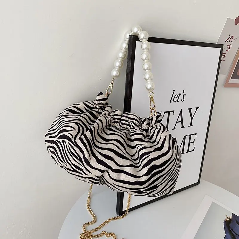 Eleganckie tygrysie/zebra/leopard Print małe torby z grubej bawełny dla kobiet 2021 seksowna torebka do klubu nocnego łańcuszek z pereł Hobos