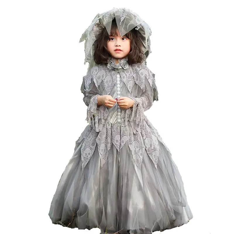 Grey Girls Halloween Corpse Bride Costumes Children Kids Zombie Cosplay Carnival Purim Parade Masquerade Role Play Party Dress