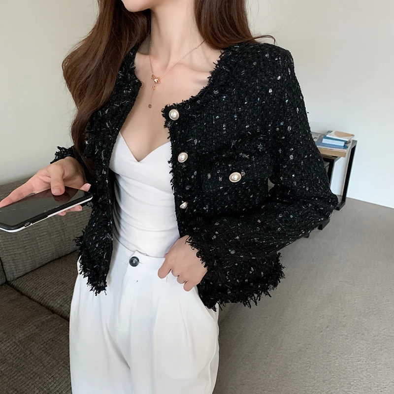 2020 nowa jesienna damska kurtka tweedowa wysokiej jakości mały zapach perła pojedyncze piersi kobiet koreańska krótka elegancki płaszcz