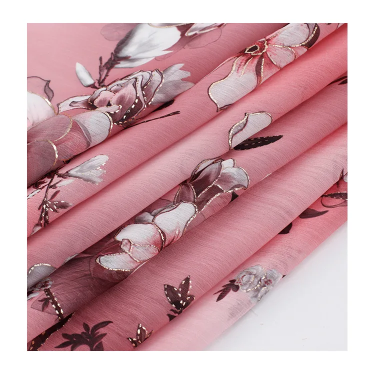 150cm Width Soft Deep Pink Plum Printed Bronzing Chiffon Tulle Fabric for Sewing Dress Shirts Clothes Material By The Yard