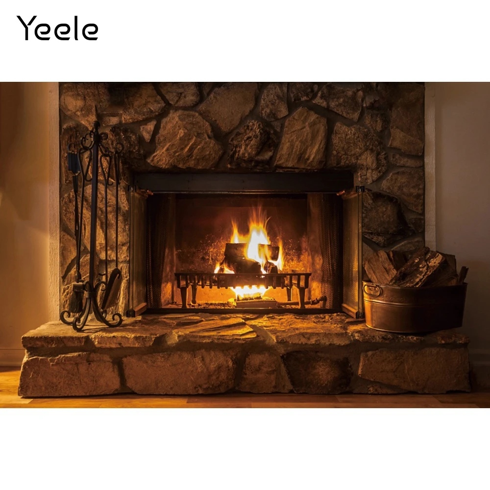 Yeele Winter Brick Fireplace Photocall Wood Burning Fire Christmas Photography Backdrop Photographic Backgrounds Photo Studio