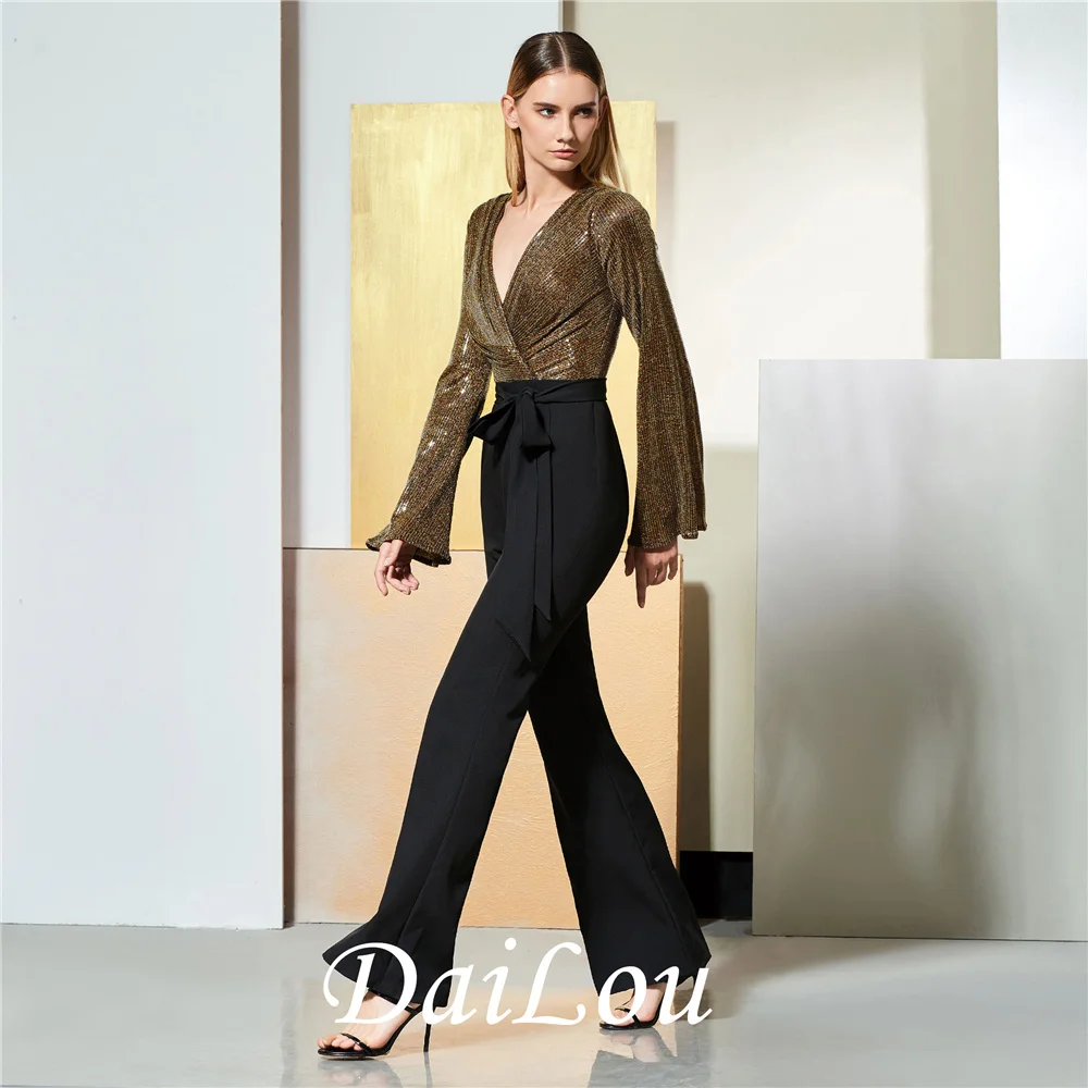 Black Sheath V Neck Long Sleeves Jacket With Pants Floor-length Wedding Party Formal Dress Evening Dresses 2021