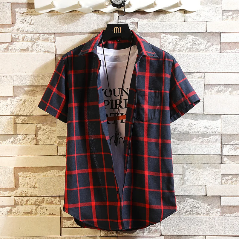 Men\'s Clothing Fashion  Shirts Single Pocket Short Sleeve Youthful Soft Casual Plaid Checkered Top Male Shirts  for men