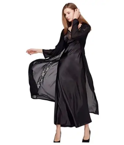 Sexy Sling Dress Sleeping Robe Two-Piece Faux Silk Sleepwear Women Elegant Lady Lace Long-Sleeve Nightgowns Bathrobes T0008