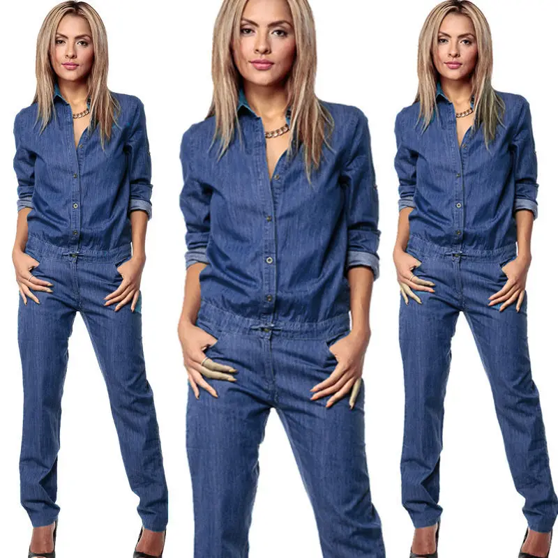 Spring Women Denim Jumpsuit Casual Turn Down Collar Long Sleeve Blue Jeans Jumpsuit Vintage Single-breasted Denim Romper Women