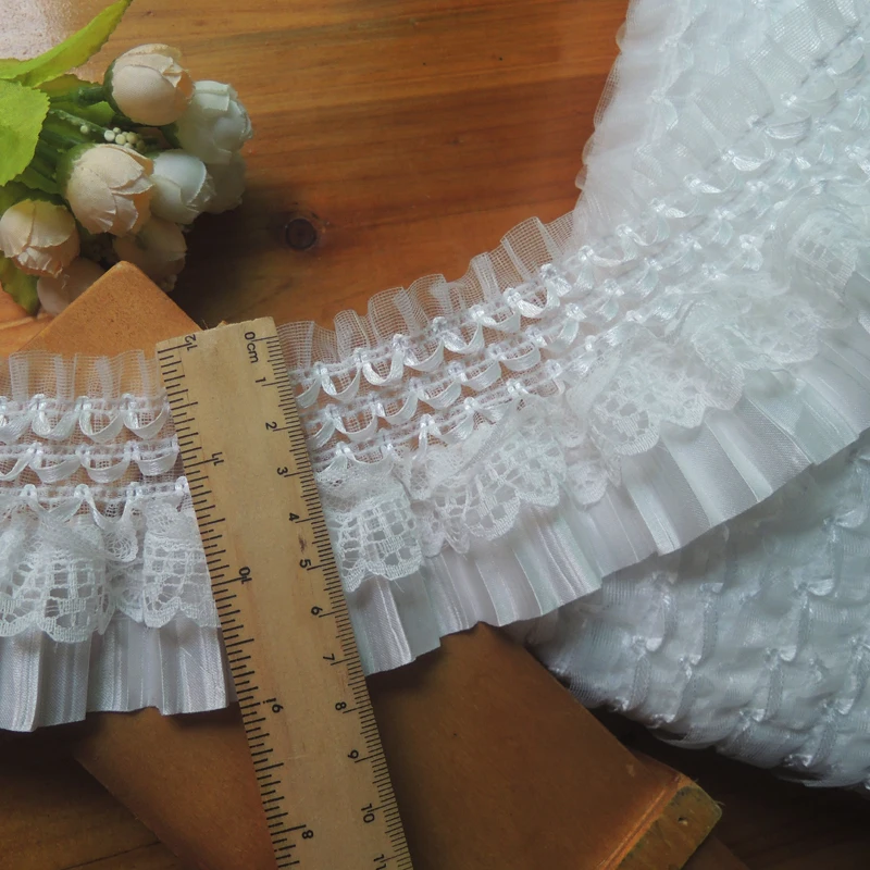 7.5CM Wide Beautiful White Black Pleated Chiffon Guipure Lace Fabric Fringe Ribbon Elastic Ruffle Trim Dress Collar Sewing Decor