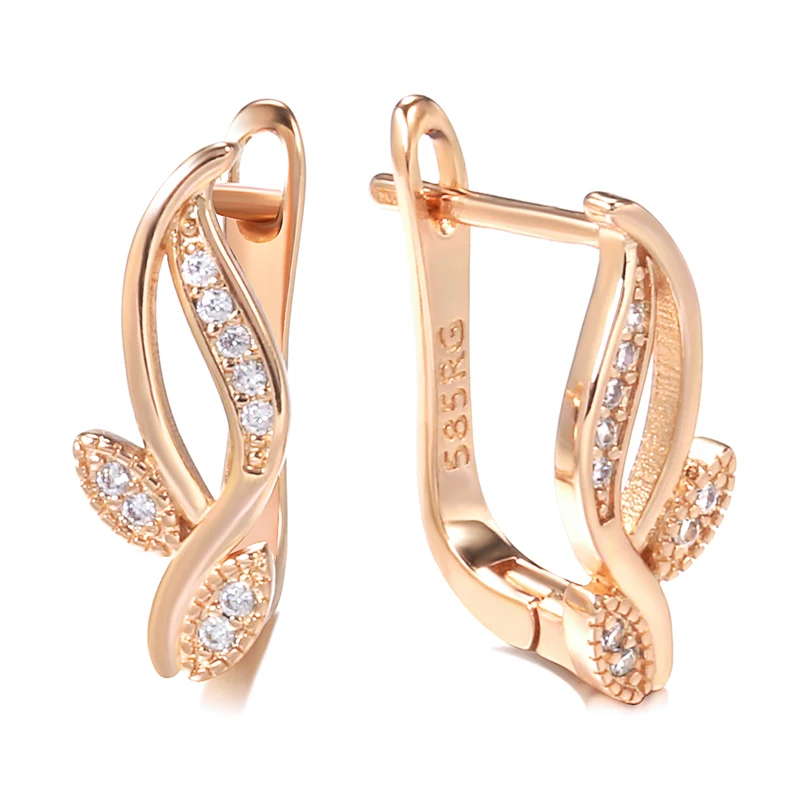 Kinel Trend Earrings Jewelry 2021 Simple 585 Rose Gold Natural Zircon Leaf Stud Earrings For Women Luxury Daily Vintage Jewelry