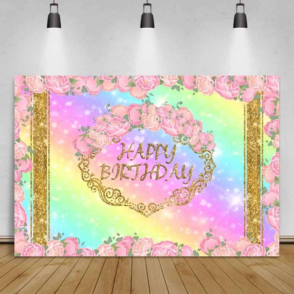 Laeacco Rainbow Gradient Color Flower Photo Backdrop Happy Birthday Shiny Star Child Portrait Photocall Photographic Background