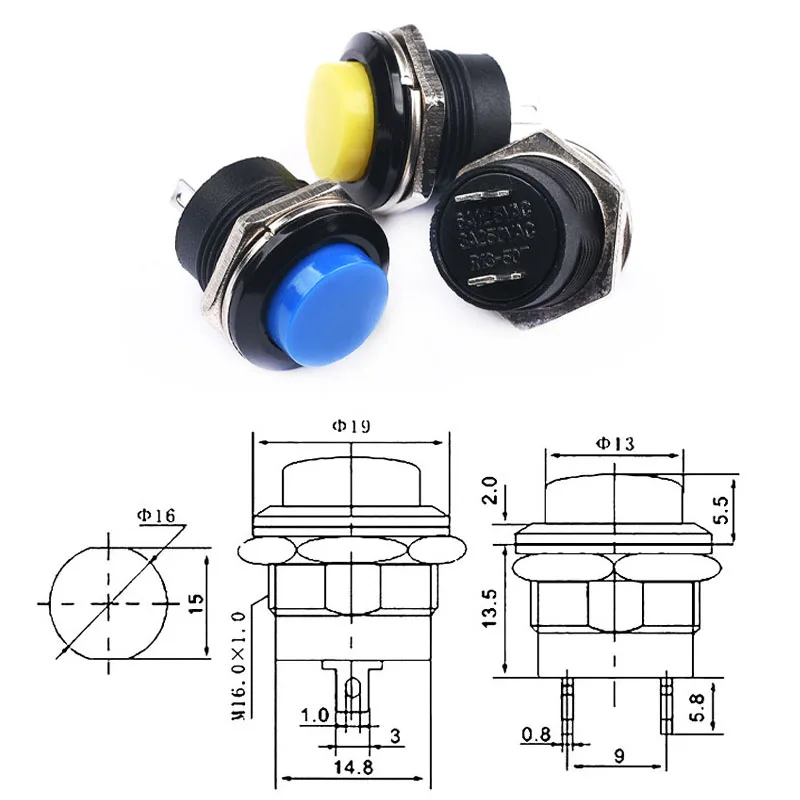 6pcs Momentary Push Button Switch 16mm Momentary 6A/125VAC 3A/250VAC Round Switches R13-507 BLACK RED GREEN WHITE BLUE YELLOW