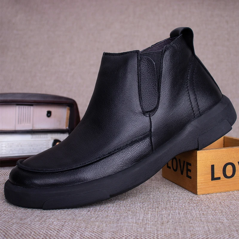 Vintage Genuine Leather Men\'s Chelsea Boots British Style Male Casual Shoes Handmade Slip On Men Fashion Short Boot M8009