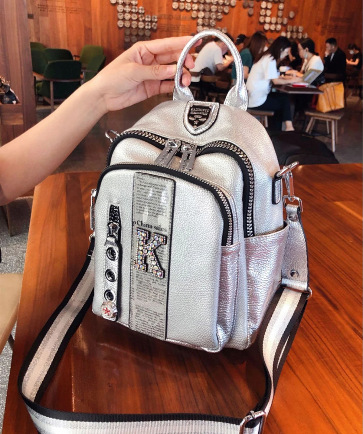 Women Fashion PU Vegan Leather Rhinestone Backpack 2024 Female Casual Daily Soft Artificial Leather Travel Small Silver Knapsack