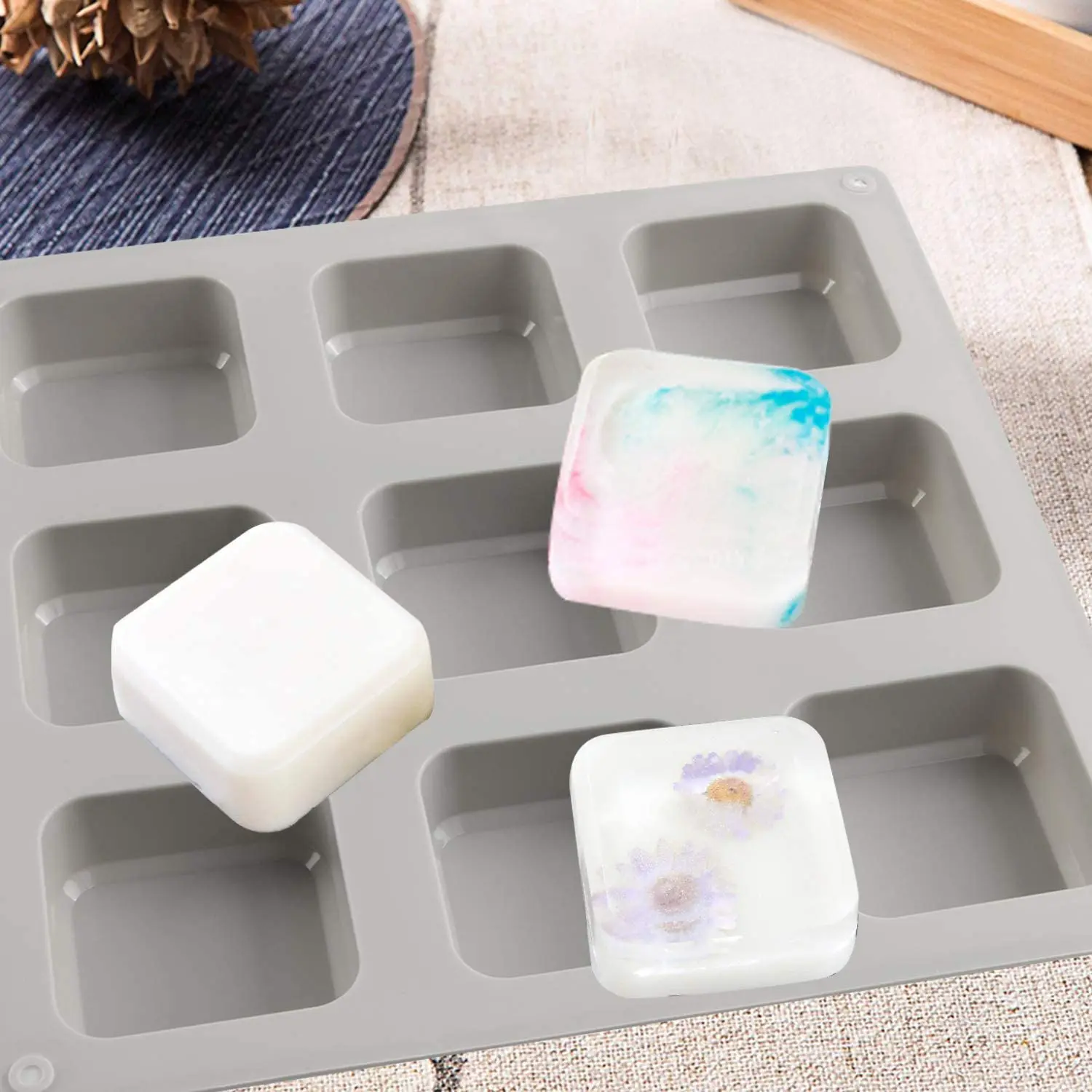 Silicone Soap Molds Resin Mould 9 Cavities Square DIY Handmade Baking Mold Cake Pan for Ice Making Pdding Muffin Loaf Brownie