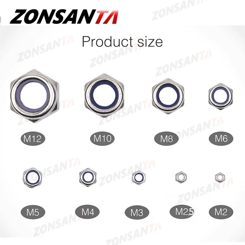 ZONSANTA 265Pcs Nylon Lock Nut M2 M2.5 M3 M4 M5 M6 M8 M10 M12 Hex Hexagon Self LockNut Set Stainless Steel Locking Nuts Kit