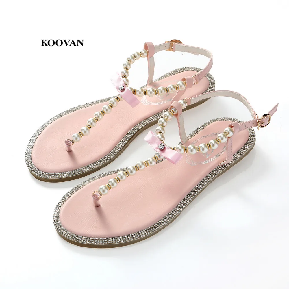 Women Sandals 2022 New Summer Fashion Shoes Girl\'s Bow Rhinestone Pearl Women Sandals Flats Shoes Beach Woman Shoes Size 33-43