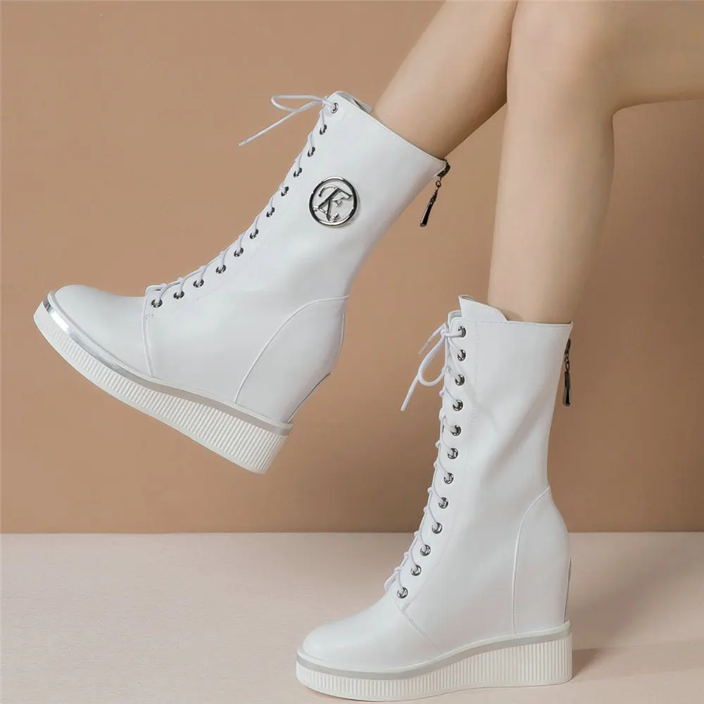 Winter Shoes Women Lace Up Genuine Leather Wedges High Heel Snow Boots Female High Top Round Toe Platform Pumps Casual Shoes