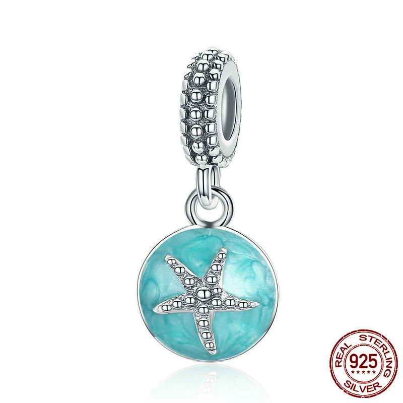 New 925 Sterling Silver Bead Blue Enamel Starfish Dangle Charm DIY fine beads Fit Original Pandora Charms Bracelet Jewelry 2021