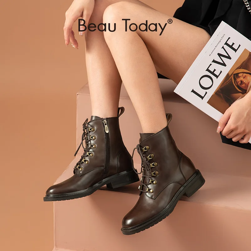 

BeauToday Ankle Boots Women Genuine Cow Leather Waxing Round Toe Side Zipper Metal Decoration Female Shoes Handmade 03697