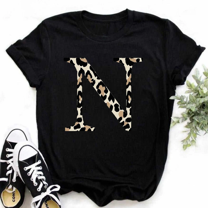 New A B C D English Alphabet Print Tshirt Fashion Harajuku Casual Tops Tee Personality Women Leopard T-Shirts Tops,Drop Ship