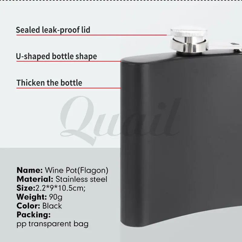 Quail matte black lacquer 6 oz portable outdoor stainless steel hip flask portable flask flask wine utensils flagon