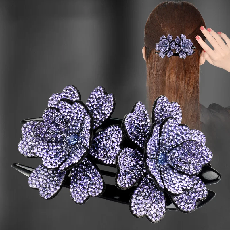 AWAYTR Female Large Rhinestone Double Flower Hair Claw Duckbill Clip Headdress Hairpin Plate Hair Grab Fashion Hair Accessories