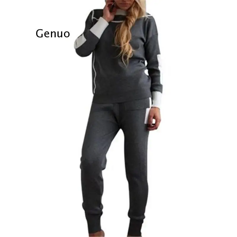 Woman Tracksuits 2021 Autumn Fashion Turtleneck Sweater + Slim Pants Knitted Suits Ladies Stripe Two Piece Set