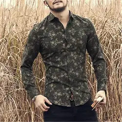 Men's Floral Printed Shirts Long Sleeve Slim Fit Shirt Camisa Ins Male Casual Homme Cotton Satin Man Vantege Party Clothing