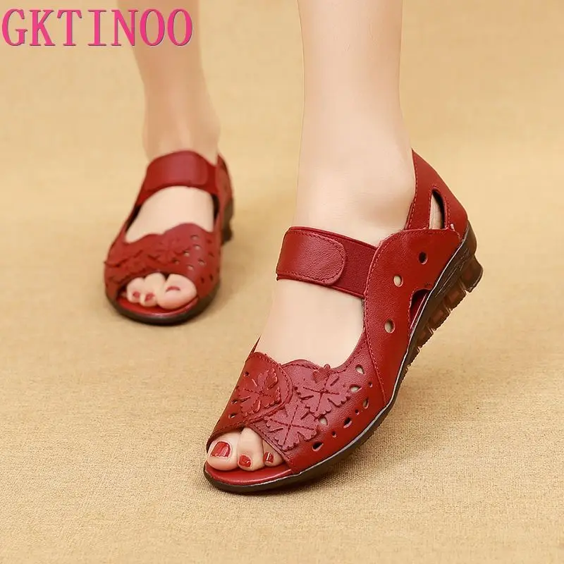 GKTINOO Summer Genuine Leather Slip-On Sandals Women Shoes 2024 Comfortable Low Heel Soft Open Toe Flat Female Sandals