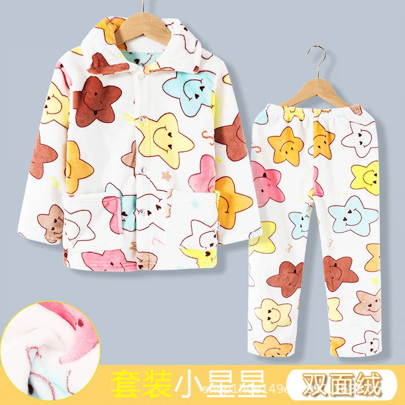 New Kids Boys Girls Autumn Winter Flannel Pajama Sets Cartoon Print Long Sleeve Lapel Tops with Pants Sleeping Clothing Sets