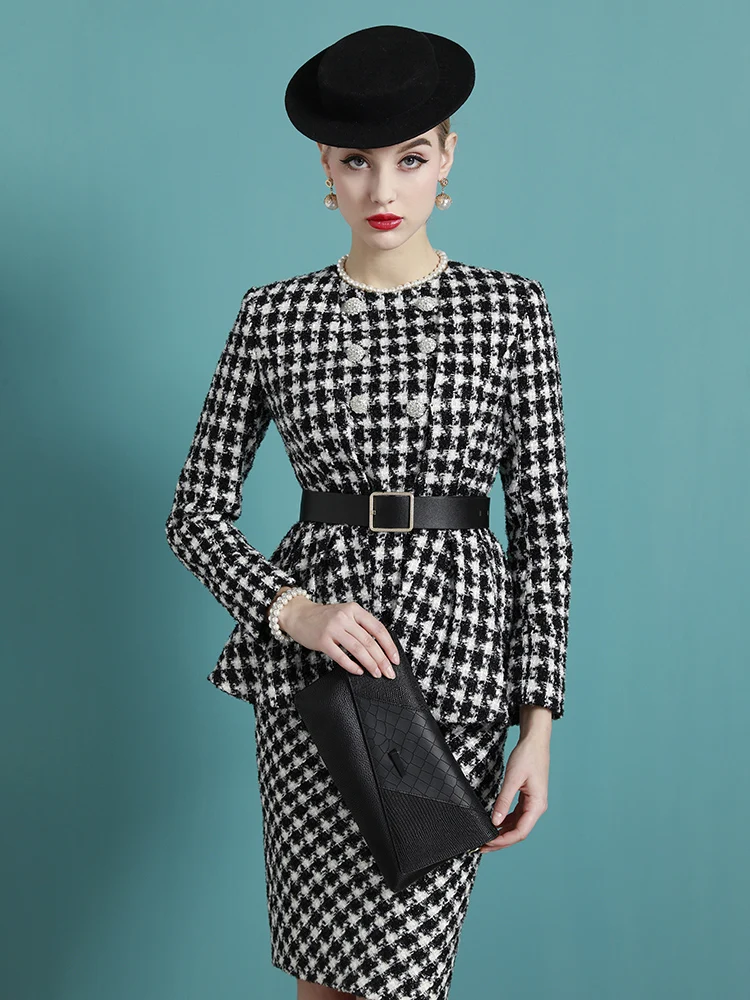 Tailor Shop Custom Made  Mother of The Bride Gown Outfit for Wedding wool black white houndstooth jacket skirt suit