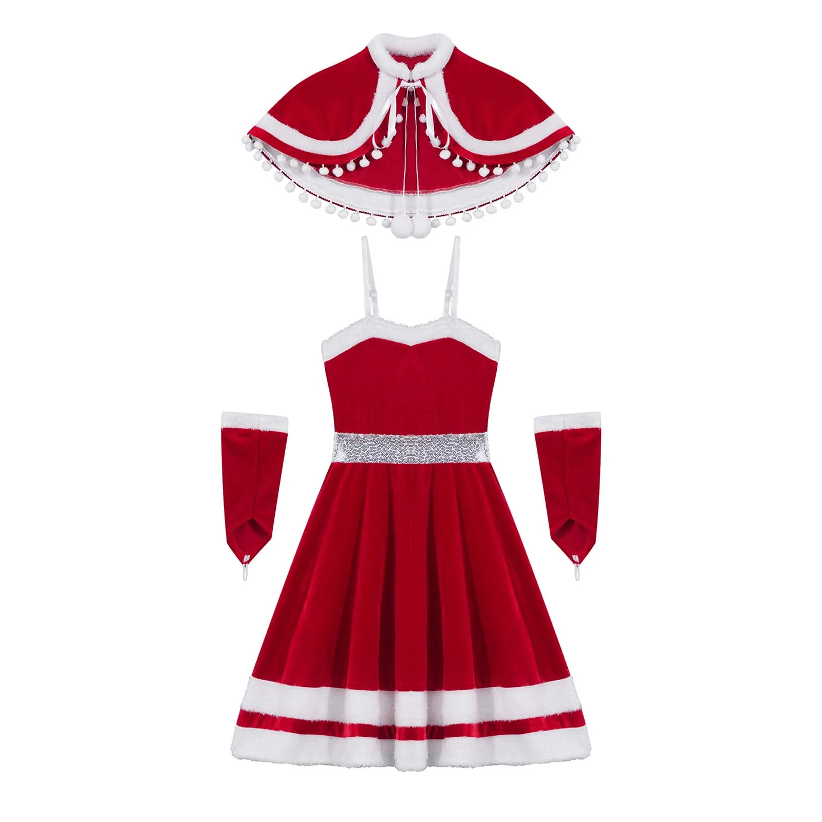 Kinder Mädchen Weihnachten Weihnachten Santa Claus Kostüm 4 Stück Ärmelloses Kleid mit Mantel Arm Ärmeln Weihnachten Urlaub Festliche Outfit