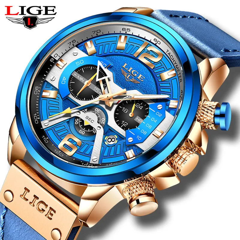 

LIGE Military movement Watches for Men Blue Top Brand Luxury Military Leather WristWatch Man Clock Fashion Chronograph Watch+Box