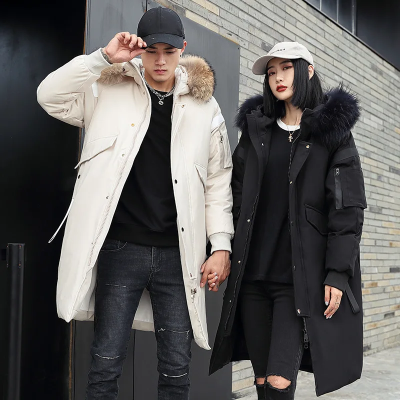 -30 Degree Winter Couple Down Parkas Jacket 90% White Duck Hooded Collar Real Fur Windbreaker Warm Thicken Coat Long Jackets